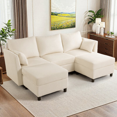 79" Wide Modern U-Shaped Modular Corduroy Sofa With Two Ottomans, Hidden Storage, USB Charging Port And Washable Covers