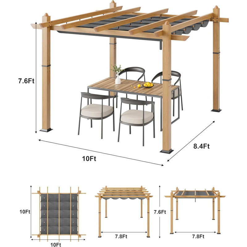 Modern Aluminum Pergola, Outdoor Pergola with Adjustable Canopy, Stable 4-Sided Base, Aluminum Gazebos for Backyard