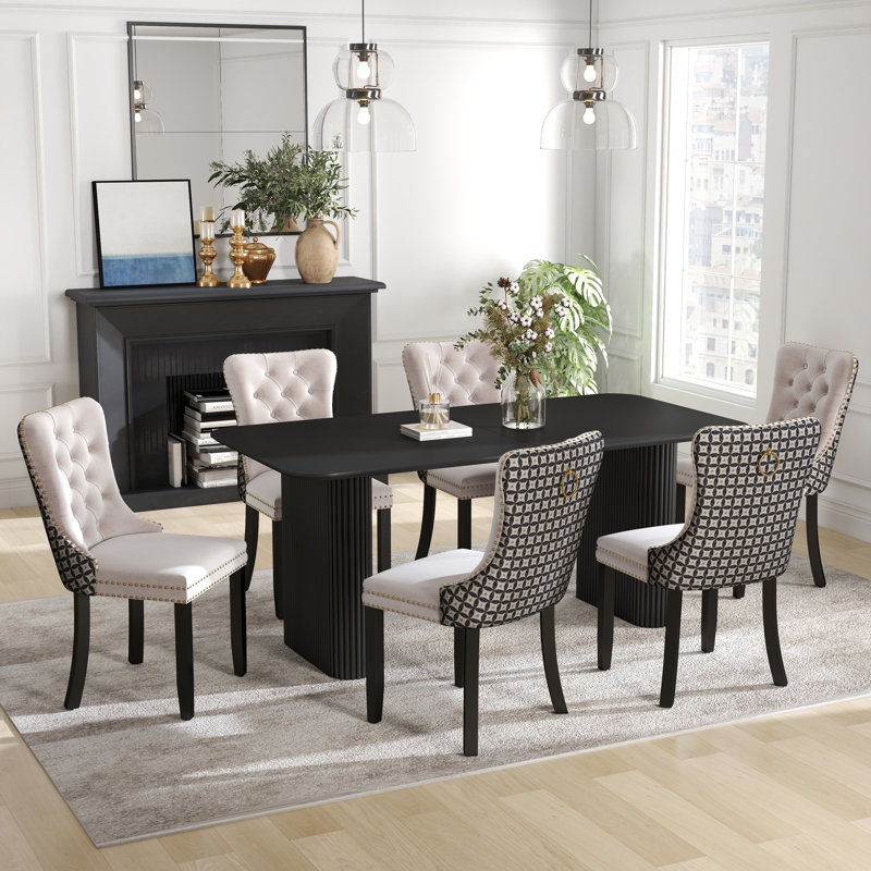 Ensemble de salle à manger rectangulaire à double piédestal avec table de salle à manger de style crème, 7, Beige