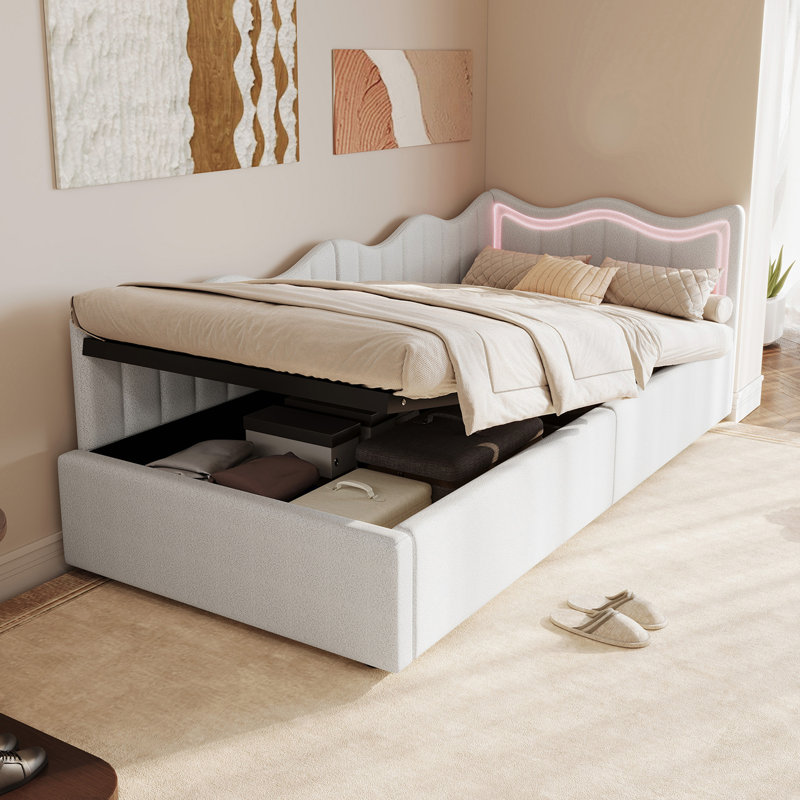 European Single (90X200cm) Teddy Velvet Ottoman Daybed With Led Lights,  Upholstered Storage Bed, Beige, White