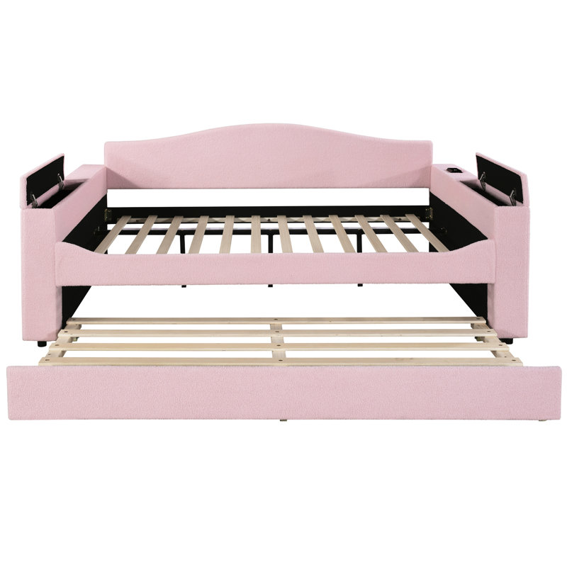 Pink Upholstered Daybed With Storage Space And Trundle, Music Player In Armrest Areas Extendable Audio Hub, Full, Pink
