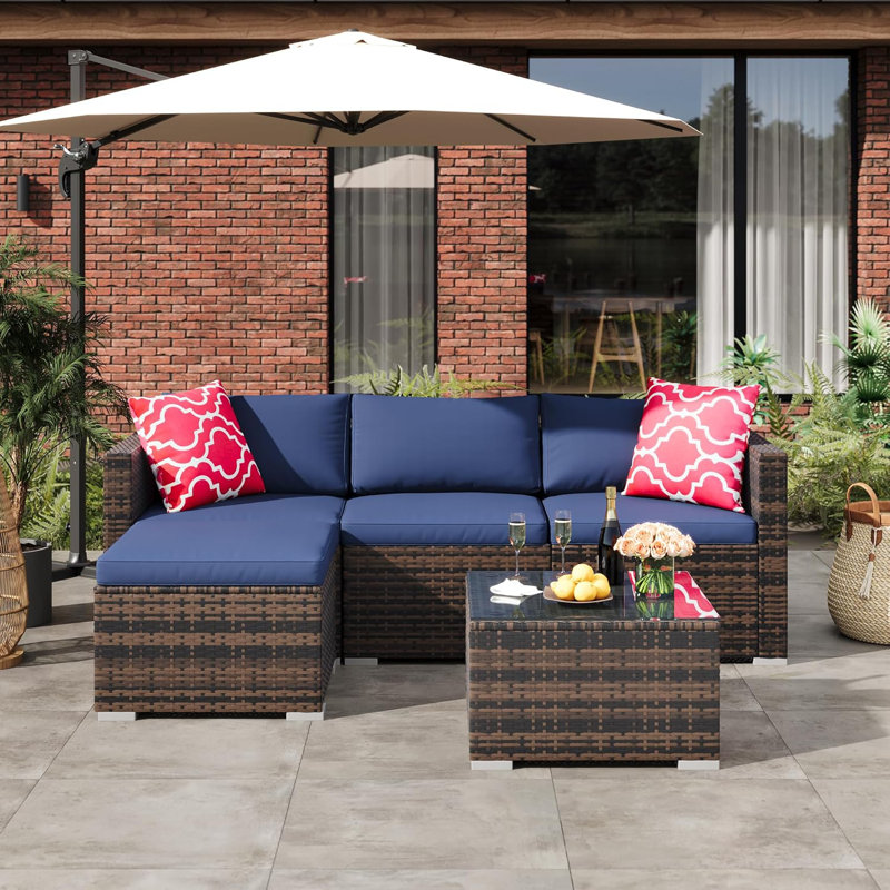 Outdoor Patio Furniture Set, 5 Pieces Rattan Patio Conversation Sets with Glass Coffee Table and Cushion,All Weather Outdoor Patio Sofa for Garden, Poolside, Backyard