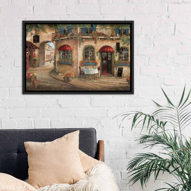 «Gino's Pizzaria» par Ruane Manning - reproduction, Cadre flottant noir patiné, H 26 po x l 40 po x 1,5 po