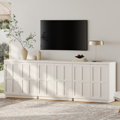 Meuble télé Boho pour téléviseur de 70 à 100 po, console multimédia en bois rustique 3 en 1 avec portes escamotables sans poignée, tablettes réglables et trou de gestion des câbles, centre de divertissement en bois d'ingénierie robuste pour le salon, la chambre à coucher et le chêne