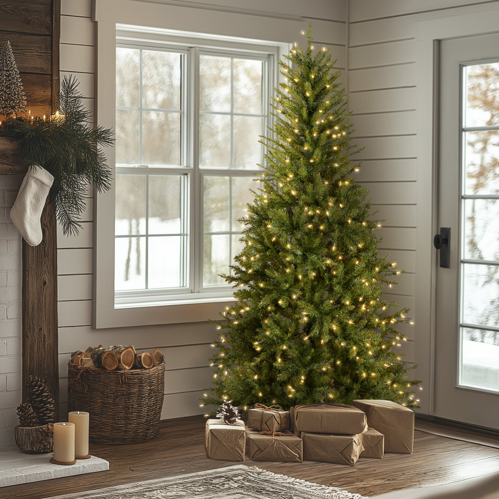 The Holiday Aisle® 6.5ft. Dunhill Fir Slim Tree with Clear Lights, 6.5', Clear/White
