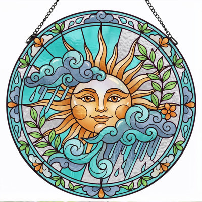 Sun Face Stained Glass Window Panel，12"H