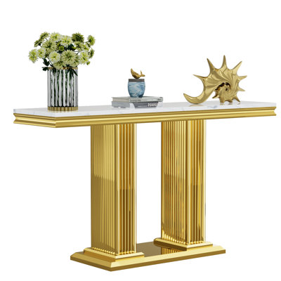 46.85" Marble Coffee Table for Living Room Modern White Faux Marble Center Table with Double Column-Shaped Stainless Steel Frame,Elegant Rectangular A by Mercer41