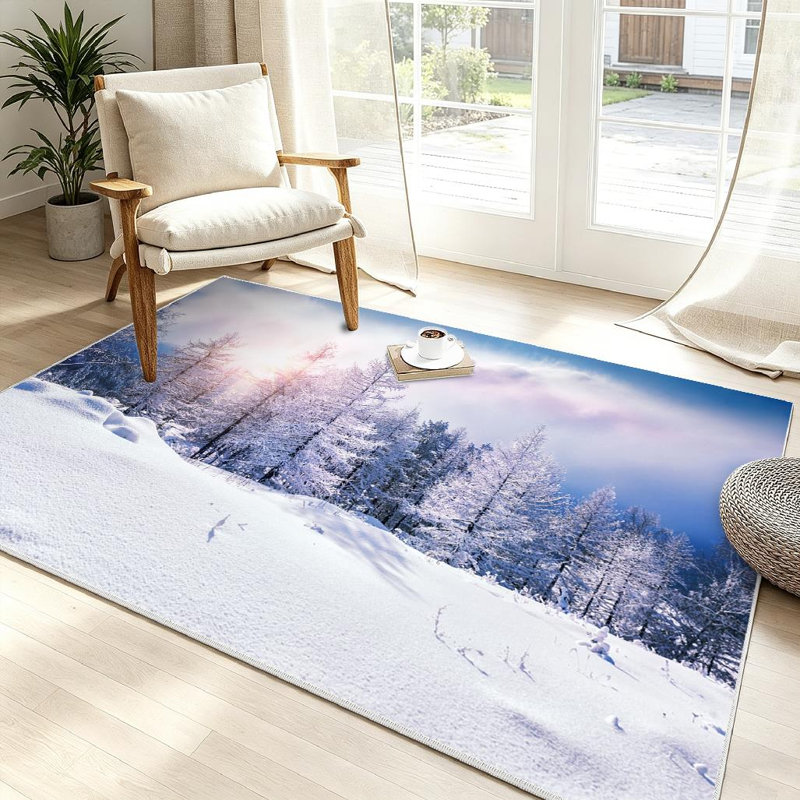 Clear Snow Trees Mountains Sunset Beautiful Winter Landscape Forest Creative Machine Washable Indoor Area Rug