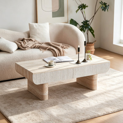 Table basse avec plateau en faux marbre, table basse moderne Mid-Century avec tiroir cannelé, table basse de salon, bureau