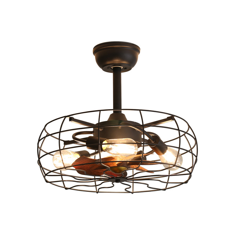 19" Caged Ceiling Fan W/light, W/hanging Rod, Flush Mount W/4 Bulbs.