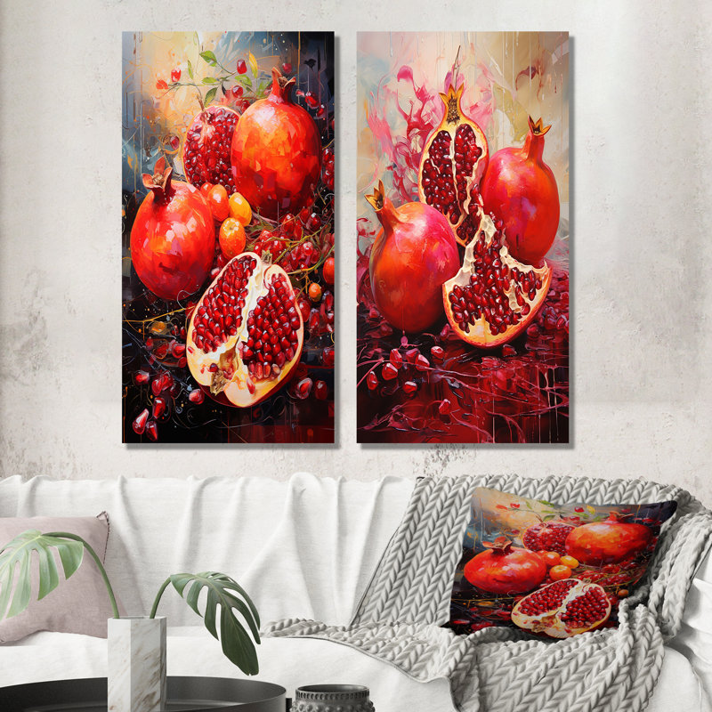 «Crimson Cosmos Pomegranate Fruit», ensemble de 2 reproductions d'art mural en métal, H 28 po x l 24 po