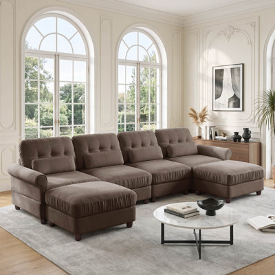 Canapé d'angle modulaire 4 places en chenille de 126,7 pouces avec 2 poufs et 4 coussins lombaires