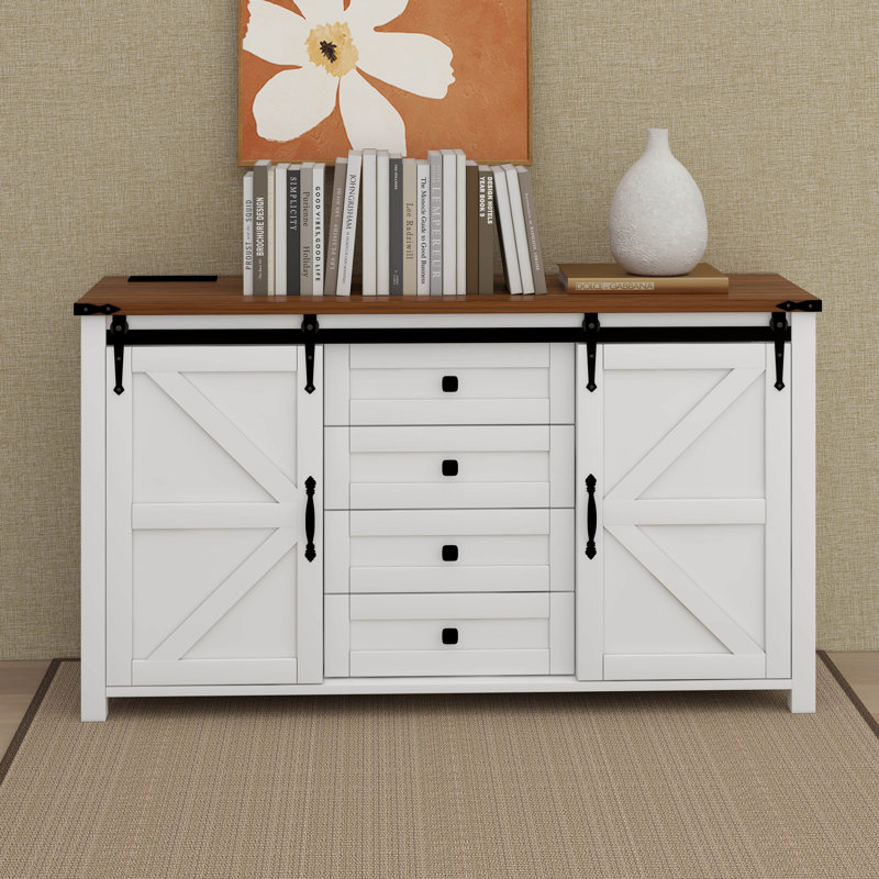 Buffet Farmhouse avec rangement, buffet avec tablettes et porte de grange coulissante