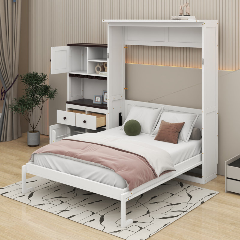 Queen Size Murphy Bed With Storage Cabinet, Wine Rack, Glass Holder, Drawers And LED Strip, White