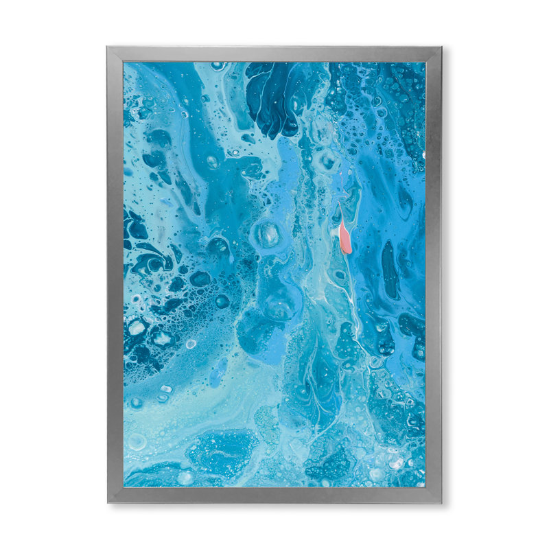 Turquoise, vagues de marbre fluides - peinture sur toile, H 32 po x l 16 po x P 1 po, Cadre photo argenté