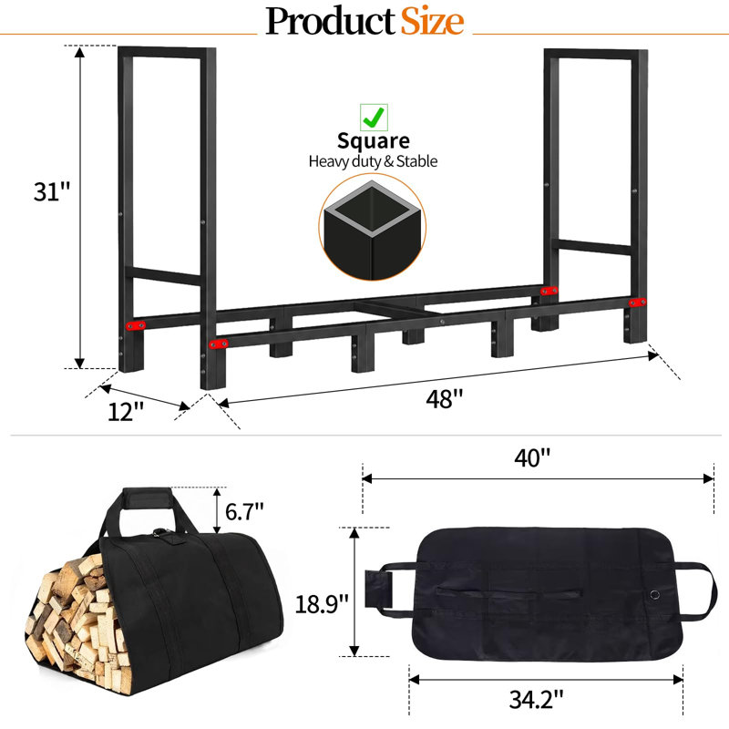 Râtelier à bûches de 1,20 m pour intérieur et extérieur avec porte-bûches, support à bûches renforcé par 4 plaques métalliques pour le rangement du bois de cheminée, support à bûches robuste en métal pour terrasse et extérieur.