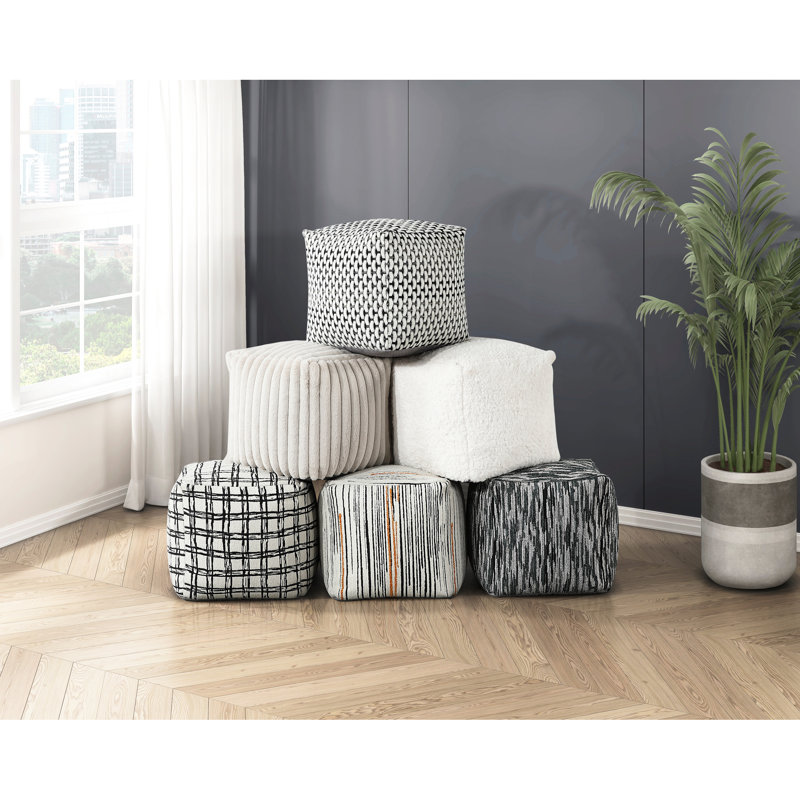 Fashionable Pouf In Black And White, Filled, Non-slip Square White , Fabric Upholstered, 300lbs Weight Limit,