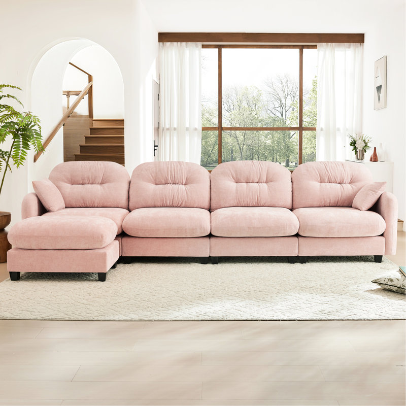 Canapé modulaire en L modulaire avec repose-pieds, Chenille rose