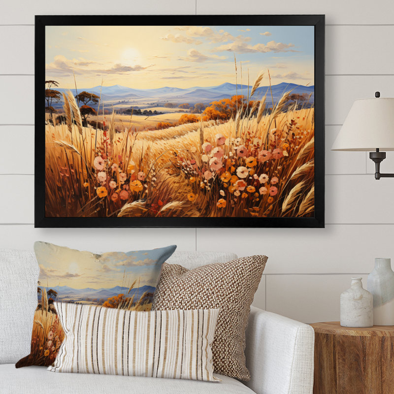 " Countryside Rustling Wheat Field I ", Black Single Picture Framed, 16" H x 32" W x 1" D
