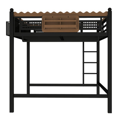 Queen Size Black Metal Loft Bed With Bookshelf And Storage, No Box Spring, Stylish For Small Dorms , Storage Shelves Guardrail, Frame, Suitable Dorm Rooms