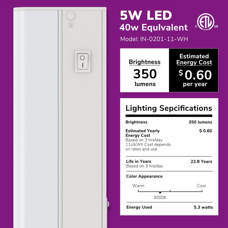 Éclairage sous-armoire à DEL câblé de 12 po Inlight, blanc doux (3 000 K), à intensité variable, fini blanc mat, homologué ETL, IN-0201-11-WH