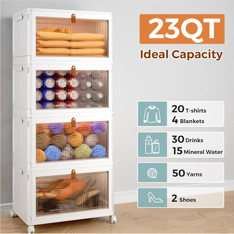 Bacs de rangement en plastique empilables à 4 niveaux avec couvercle et roulettes - Organisateurs de rangement pour garde-robe de 23 pte