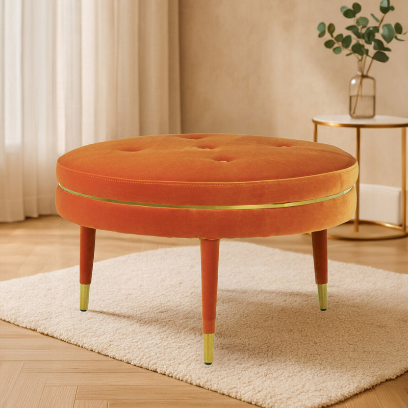 Reuben 76cm Wide Tufted Round Solid Colour Ottoman, Orange, Orange