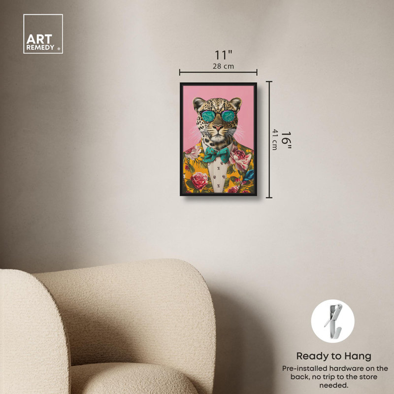 Art raffiné Roar I, toile rose pop, Cadre noir, H 16 po x l 11 po