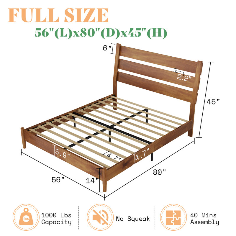Full Size Light Brown Pine Wood Bed Frame with Slatted Headboard