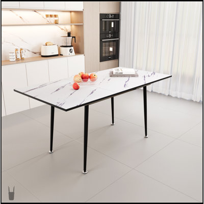 Ensemble de table de salle à manger et de chaises à rallonge extensible, conception moderne, taille réglable pour 2 à 6 personnes, table blanche avec chaises en lin vert clair