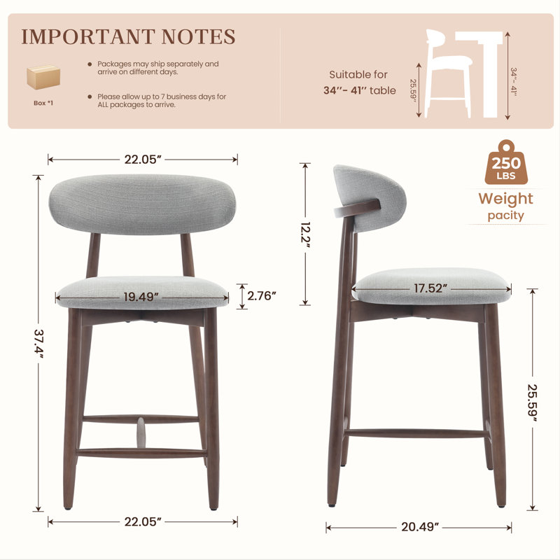Tabouret de comptoir rembourrÃ© Vannie avec structure en bois massif, Gris