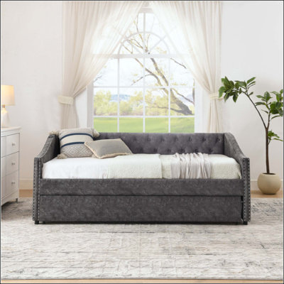 Daybed With USB Charging & Pull-Out Extendable Bed, With Button On Back And Copper Nail On Waved Shape Arms (81"X42"X30.75")