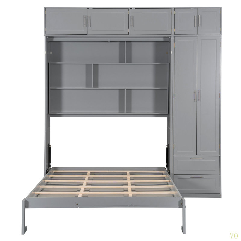 Grand lit escamotable mural avec armoire supérieure, tablettes et garde-robe, lit pliable peu encombrant, Gris