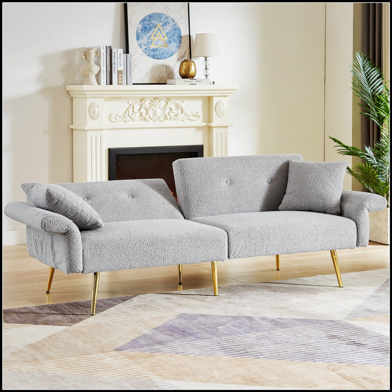 Modern Teddy Upholstered Accent Loveseat Sofa With Side Pocket, Folding Sleeper Sofa Bed With Foldable Armrest, Adjustable Backrest And Golden Metal Legs For Living Room