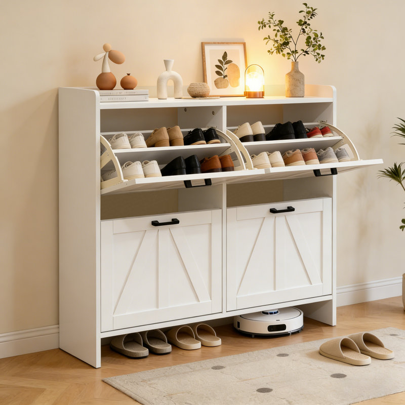 Range-chaussures avec 4 tiroirs rabattables, Blanc