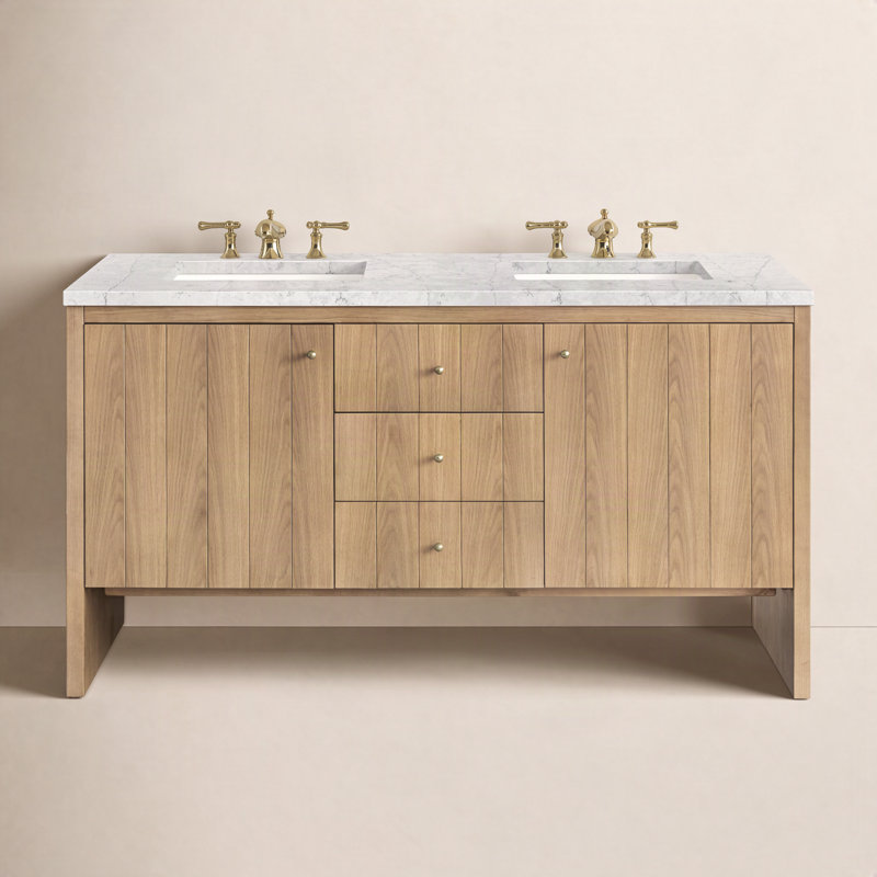 Hudson 60'' Double Bathroom Vanity with Top, Eternal Jasmine Pearl, 8" Widespread, Light Natural Oak