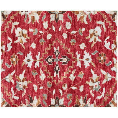 Hand-Knotted Red Oushak Wool Area Rug 6x9 ft– Traditional Floral Medallion Design, Vintage Oriental Carpet