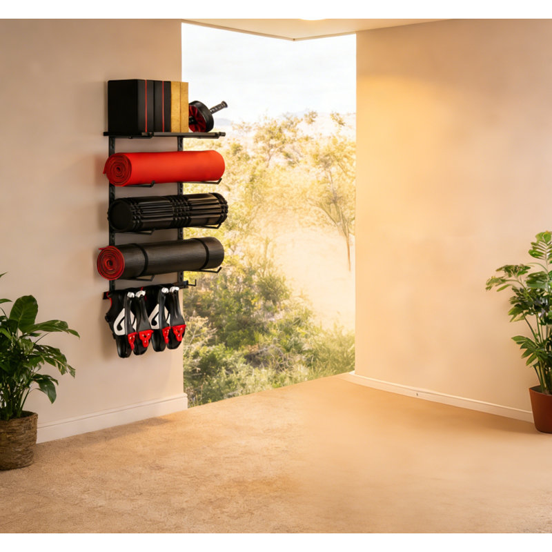 Wall Mounted Home Gym Storage Shelf With 1 Board, Yoga Mat Holder & Organizer