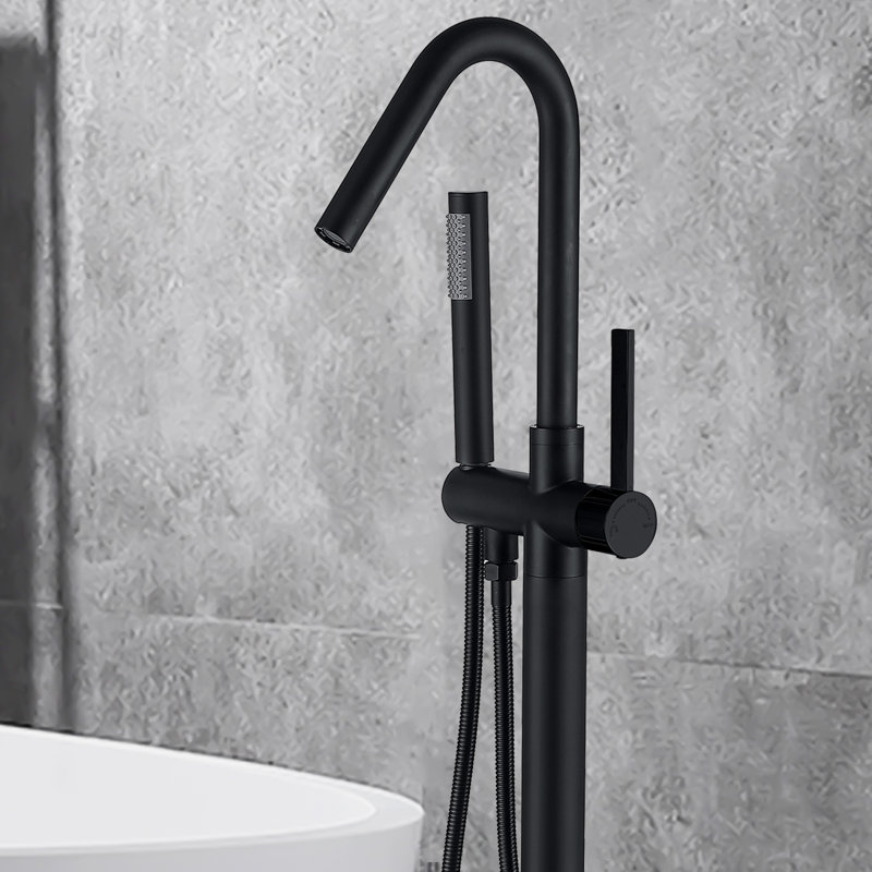 Single Handle Floor Mounted Tub Filler With Handshower, Matte Black