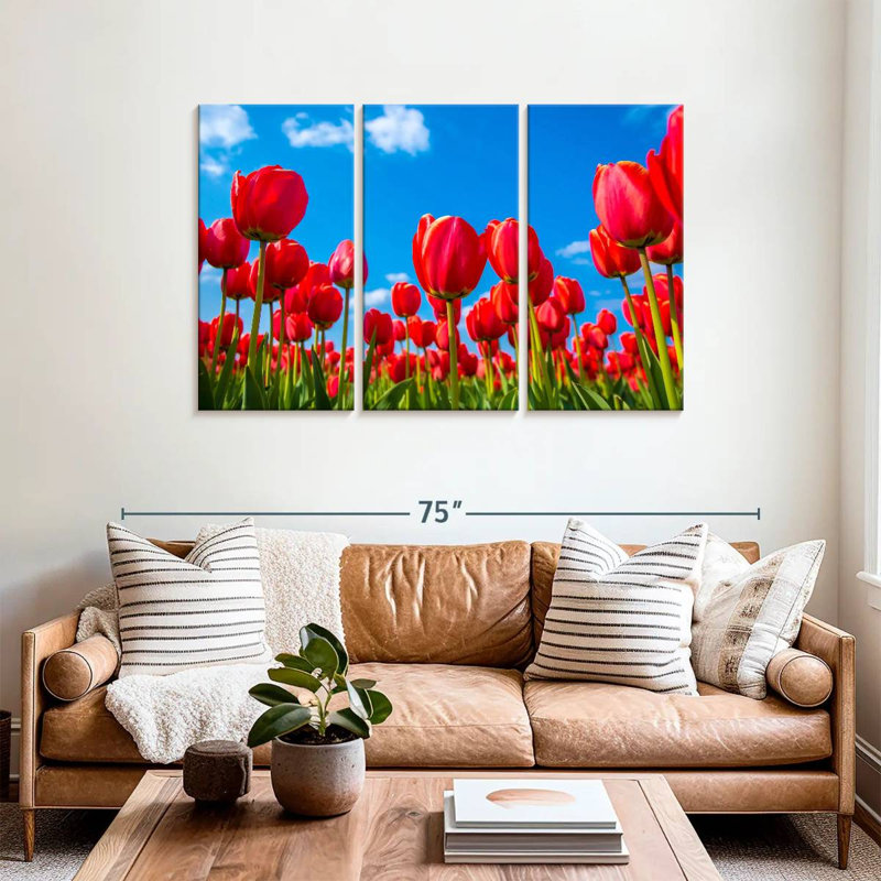 Harnek pré de tulipes rouges, H 36 po x l 57 po