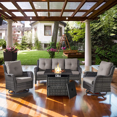 Billancourt Wicker 5 - Person Outdoor Seating Group with Fire Pit Cushions by Red Barrel Studio