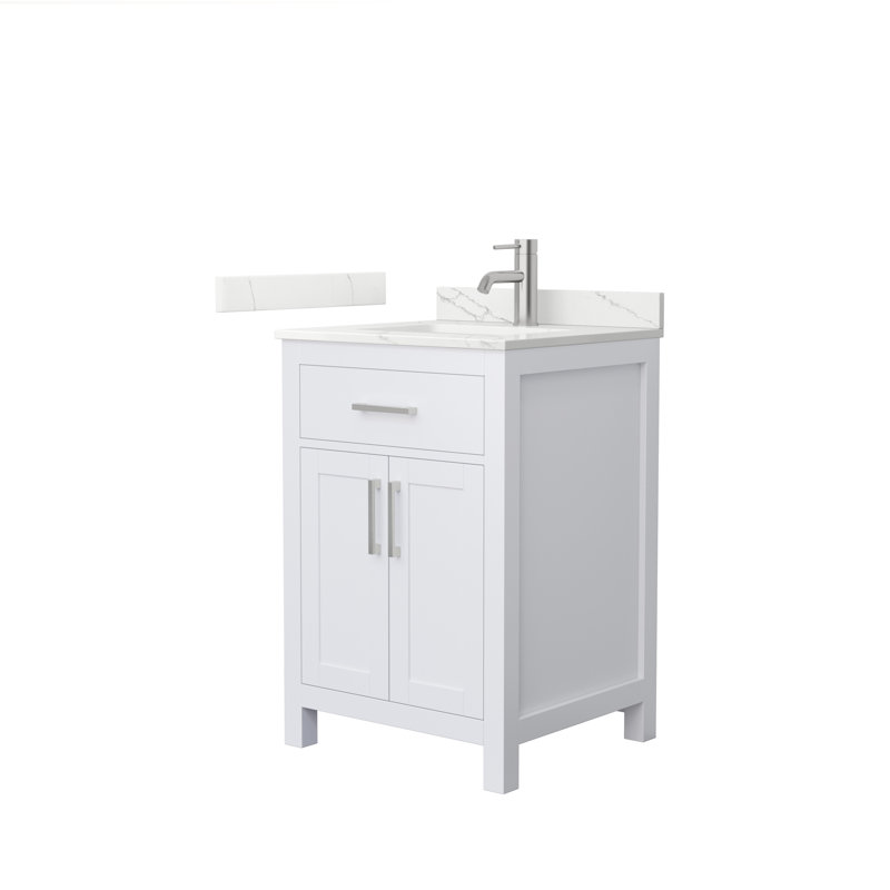 Meuble-lavabo simple autoportant 24 po avec plateau en quartz Beckett, Blanc, Nickel brossé, Quartz Giotto