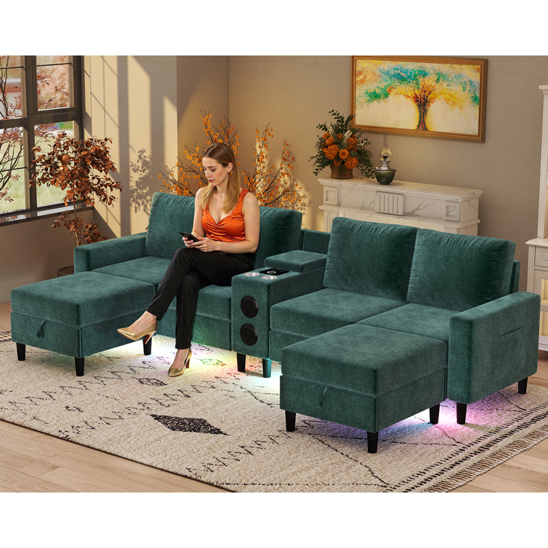 6 Seat U Shaped Chenille Sectional Sofa With Smart Module-Bluetooth Speaker/Rgb Light/Charging Station, Green