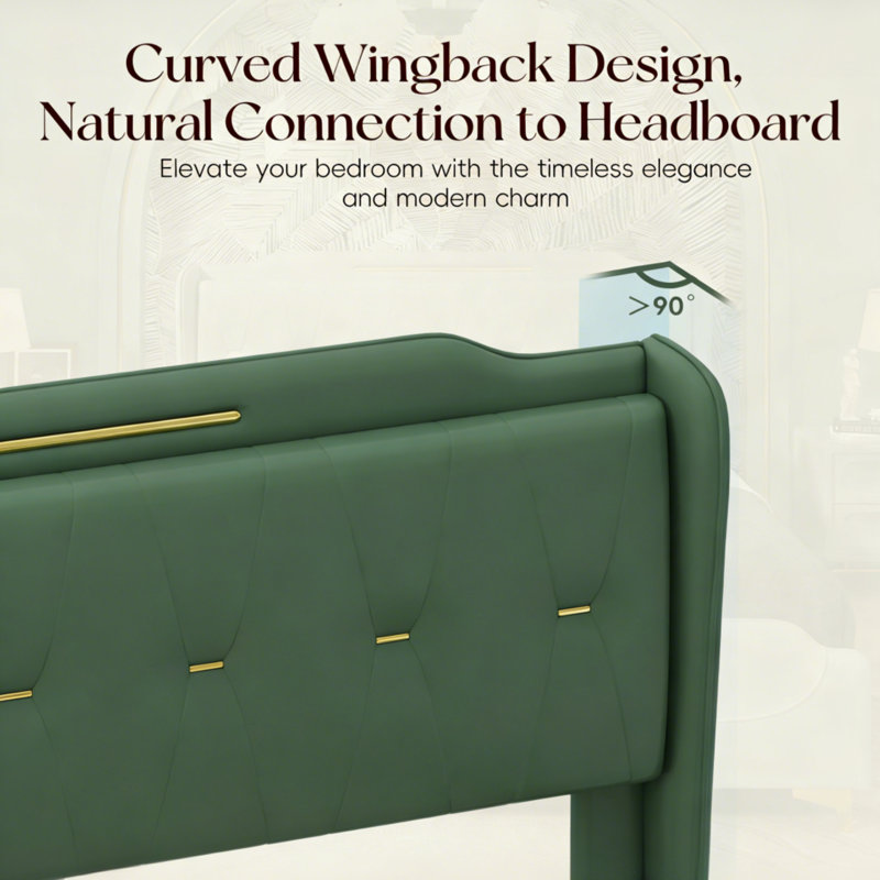 Grand lit plateforme en cuir PU avec tête de lit à oreilles - accents dorés, lattes en bois massif, assemblage facile (noir / gris / vert)