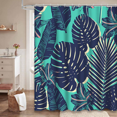 Rideau de douche imperméable à motif floral palmier hawaïen avec 12 crochets