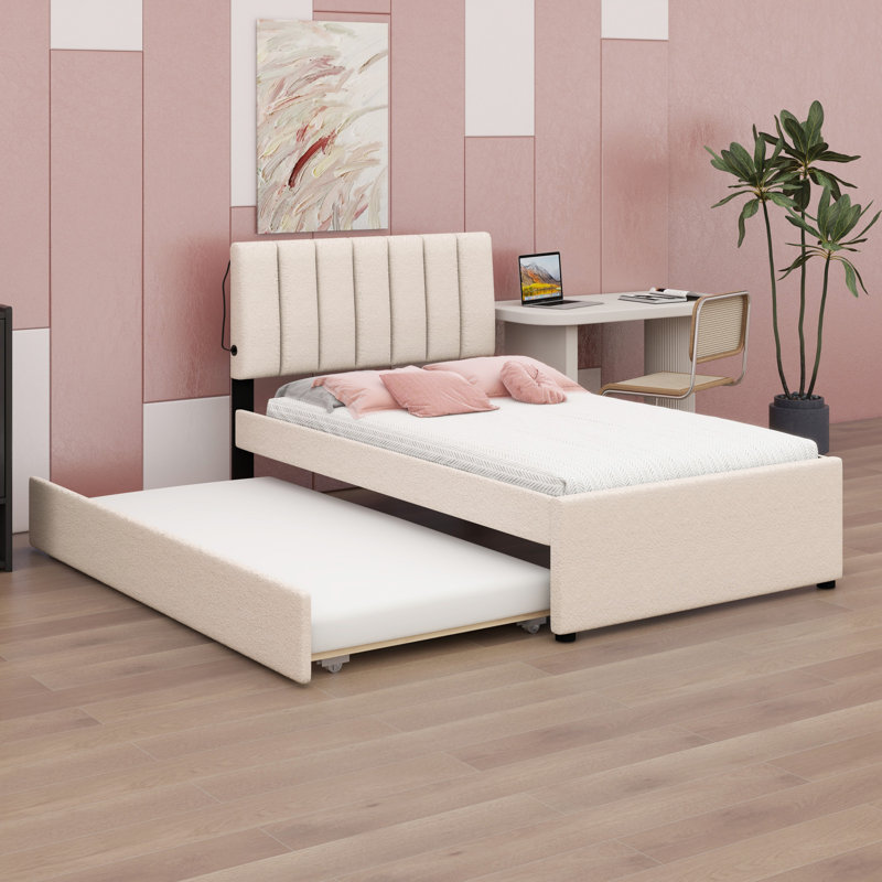 Lit plateforme tapissier avec lit gigogne, Beige