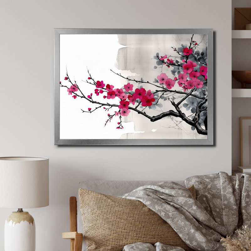 Asian Art Sumi Blossom II, reproduction d'art sur toile, Cadre simple argenté, H 24 po x l 32 po x P 1 po