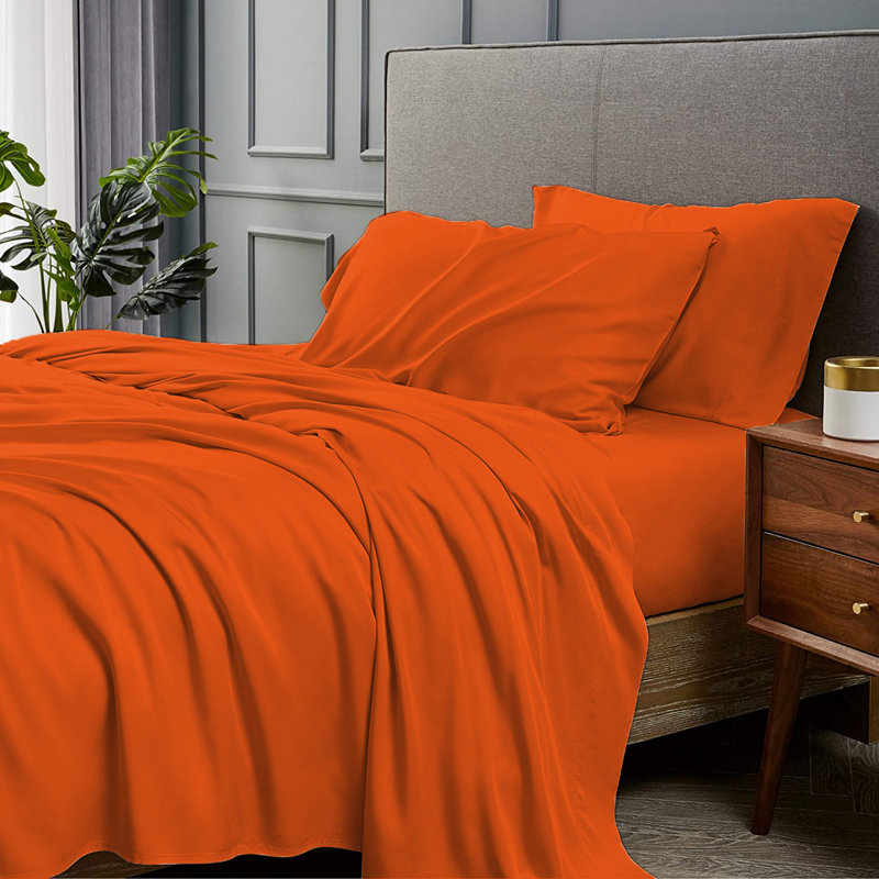 Ensemble de draps 4 pièces en rayonne de bambou, Orange néon, Ensemble de draps pour lit double avec 2 taies d'o