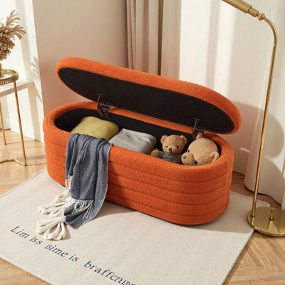 Banc de rangement ovale moderne - Banc de rangement en tissu rose Teddy avec espace de rangement intÃ©grÃ© pour la chambre Ã  coucher, le salon ou l'entrÃ©e
