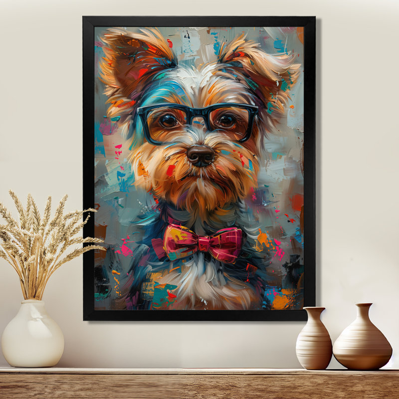Curieux Shih Tzu rose et gris avec lunettes II - décoration murale chien, Cadre photo noir, H 30 po x l 40 po
